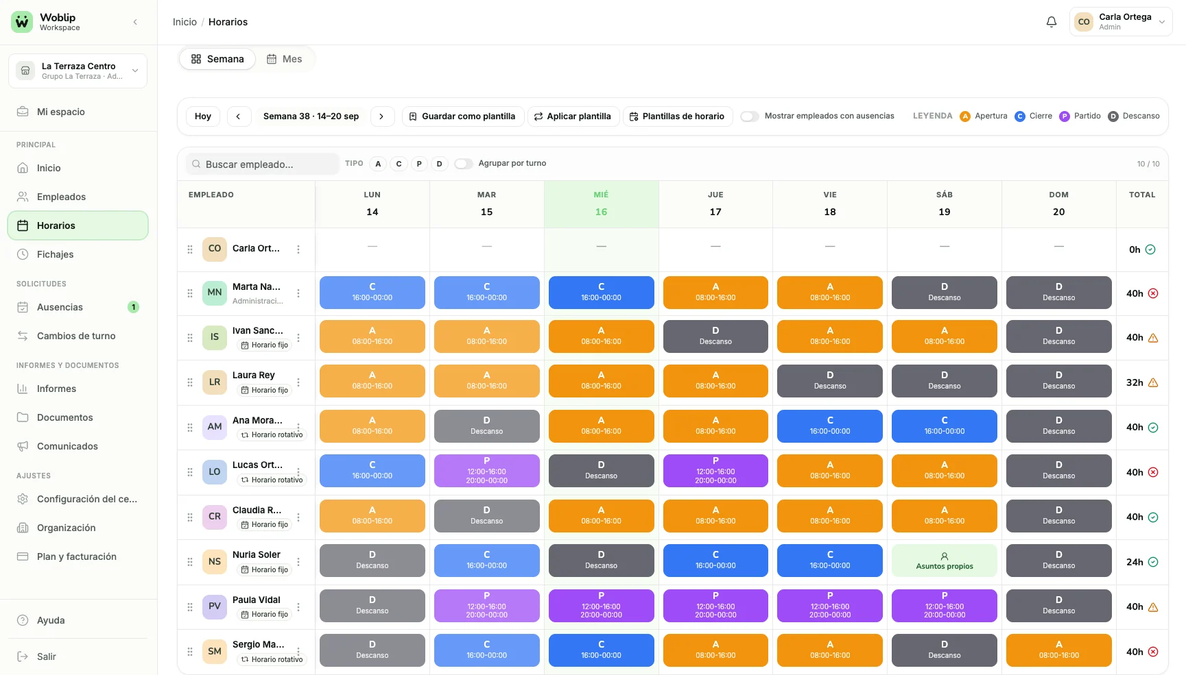 Planificación semanal de horarios del equipo en la aplicación web de Woblip