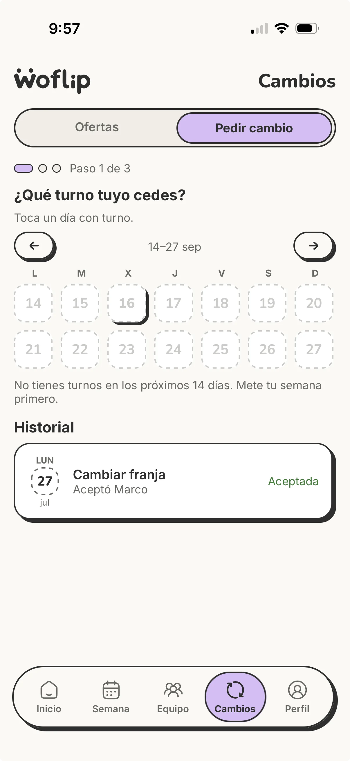 Solicitud de cambio de turno e historial de cambios en Woflip