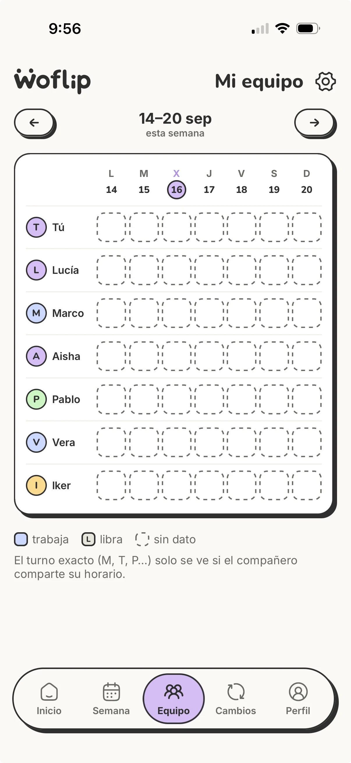 Vista semanal del equipo en Woflip con horarios compartidos y días sin datos