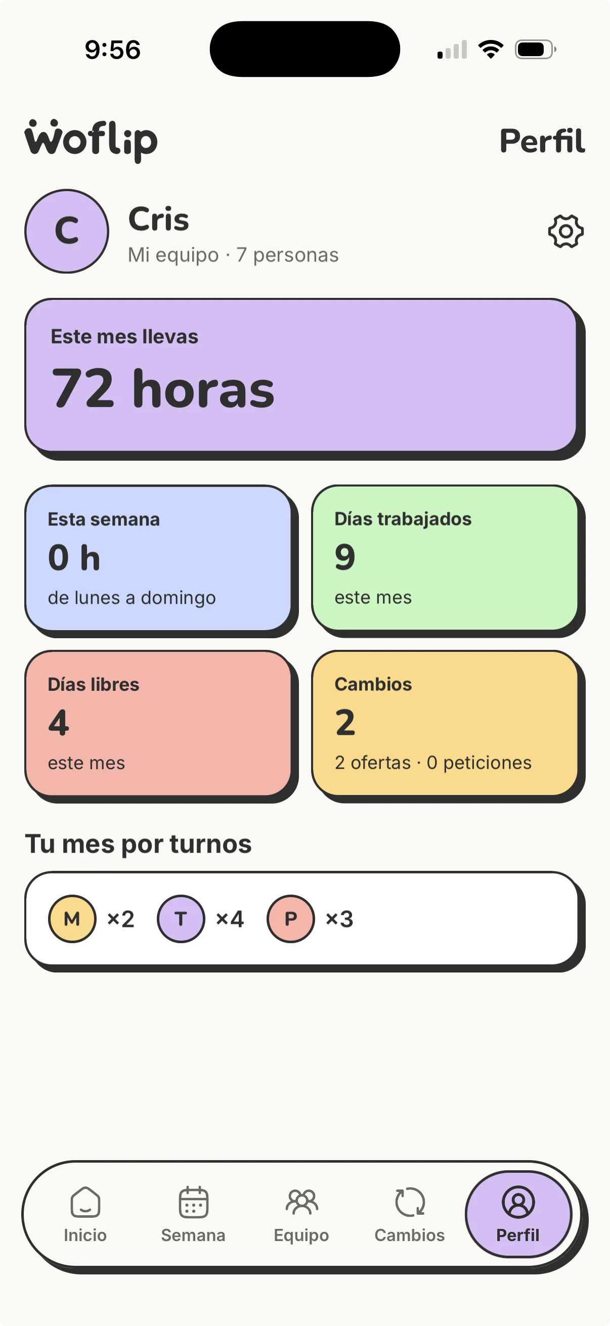Perfil de Woflip con resumen de horas, días trabajados y cambios